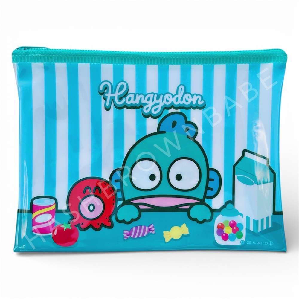 Sanrio Hangyodon Blue Striped Zipper Bag Pouch, Cute Kawaii Fish Travel Case NWT